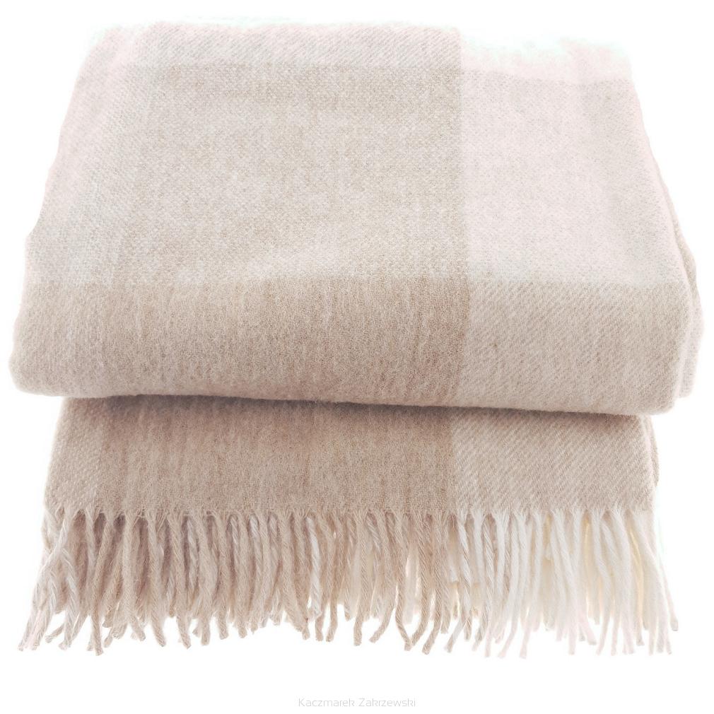 Koc wełniany z frędzlami 160x200 beżowa kremowa krata