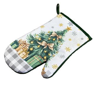 Rękawice kuchenne 18x27 z magnesem 2 szt. świąteczne białe zielone choinka prezenty