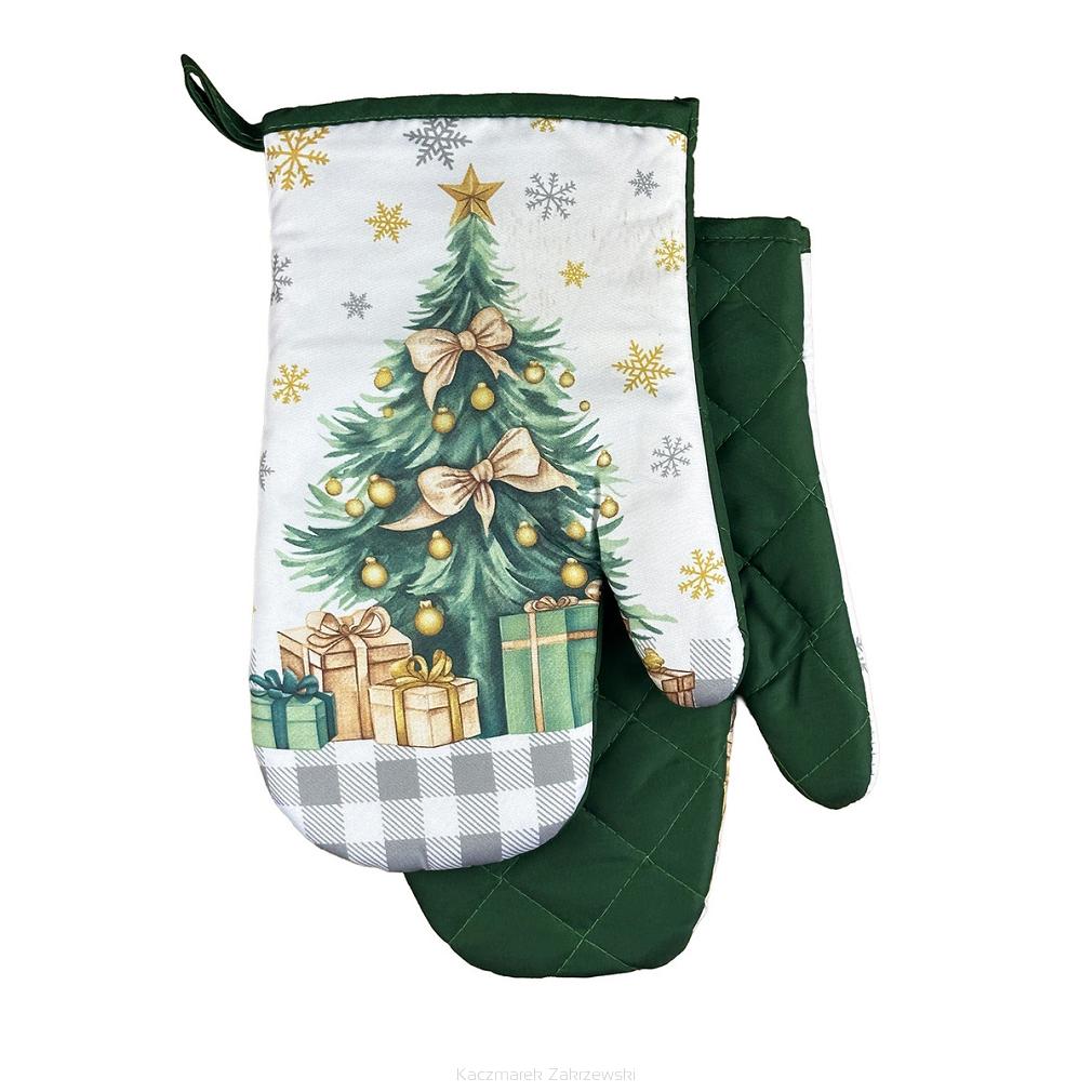 Rękawice kuchenne 18x27 z magnesem 2 szt. świąteczne białe zielone choinka prezenty