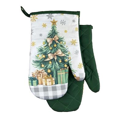 Rękawice kuchenne 18x27 z magnesem 2 szt. świąteczne białe zielone choinka prezenty