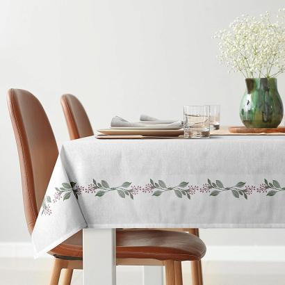 Obrus dekoracyjny wodoodporny LILY 140x220 Eurofirany biały zielony wzór botaniczny na brzegach
