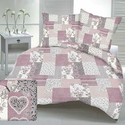Pościel flanelowa 160x200 różowa patchwork serca motyle kwiaty