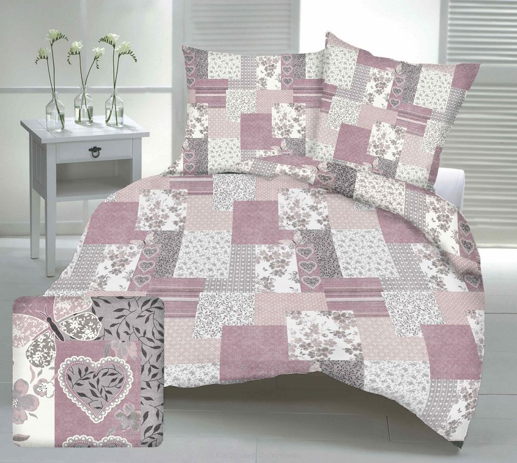 Pościel flanelowa 160x200 różowa patchwork serca motyle kwiaty