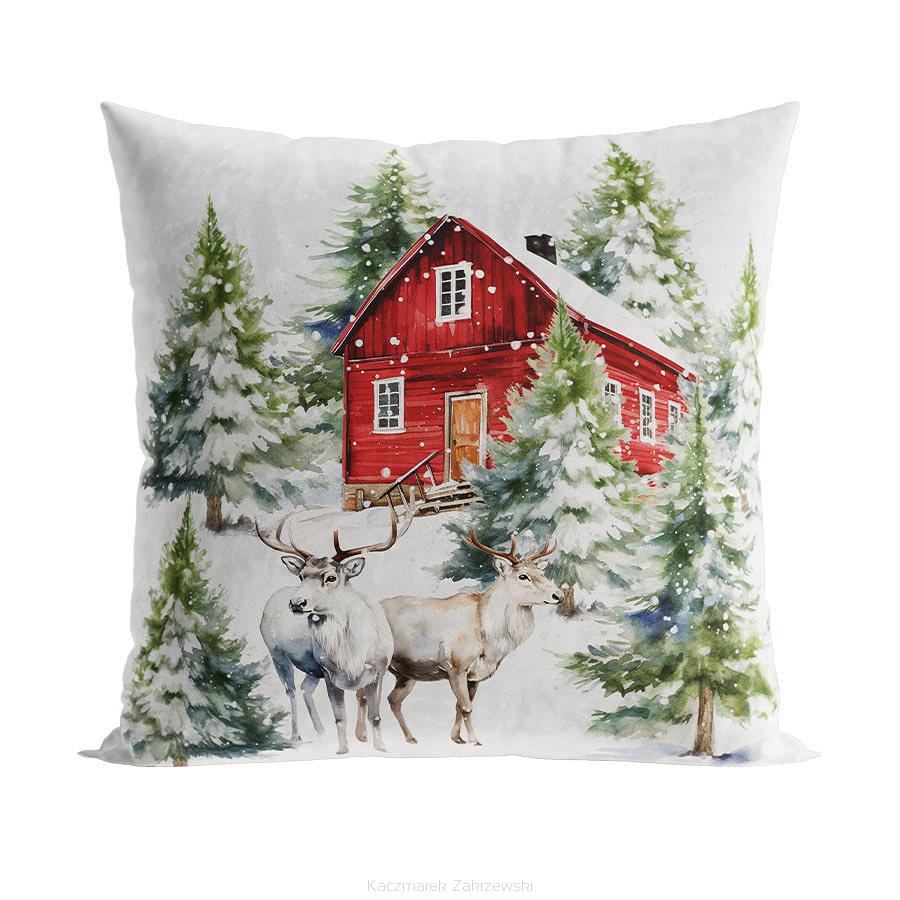Poszewka dekoracyjna świąteczna ZIMOWY LAS 40x40 welwetowa wielokolorowa