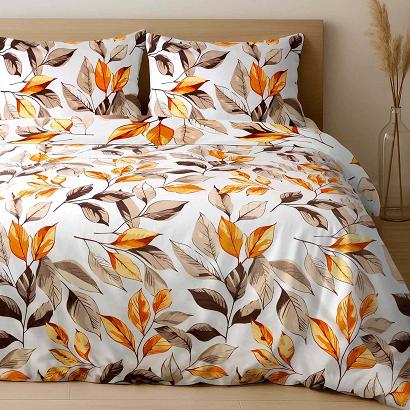 Pościel satyna bawełniana LEAVES EXCLUSIVE 200x220 biała w brązowe pomarańczowe liście