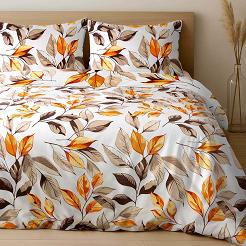 Pościel satyna bawełniana LEAVES EXCLUSIVE 200x220 biała w brązowe pomarańczowe liście