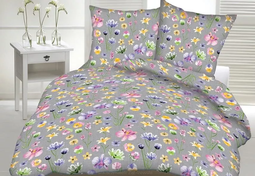 Pościel z kory 180x200 wzór kwiaty na szarym tle