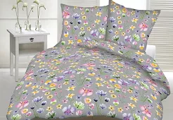 Pościel z kory 180x200 wzór kwiaty na szarym tle