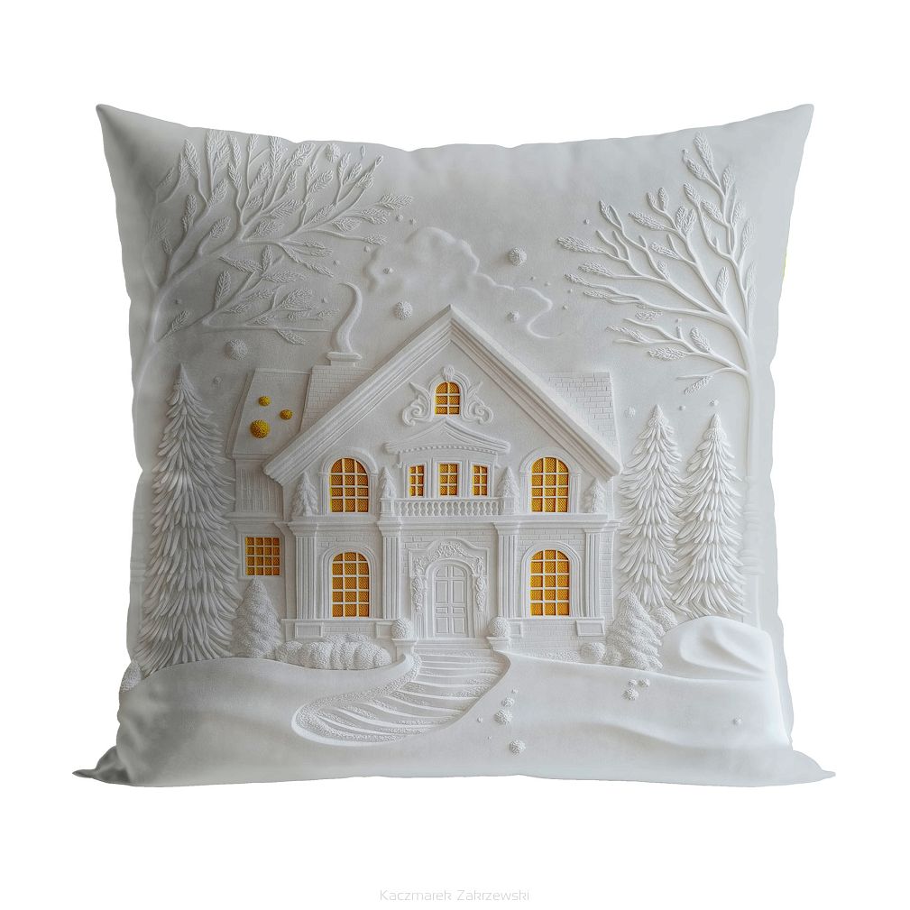 Poszewka dekoracyjna świąteczna DOMEK Z EFEKTEM 3D 40x40 welwetowa biała