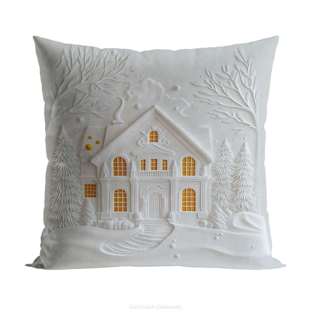 Poszewka dekoracyjna świąteczna DOMEK Z EFEKTEM 3D 40x40 welwetowa biała