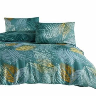 Pościel satyna bawełniana VENERA 200x220 turkusowa żółta w liście