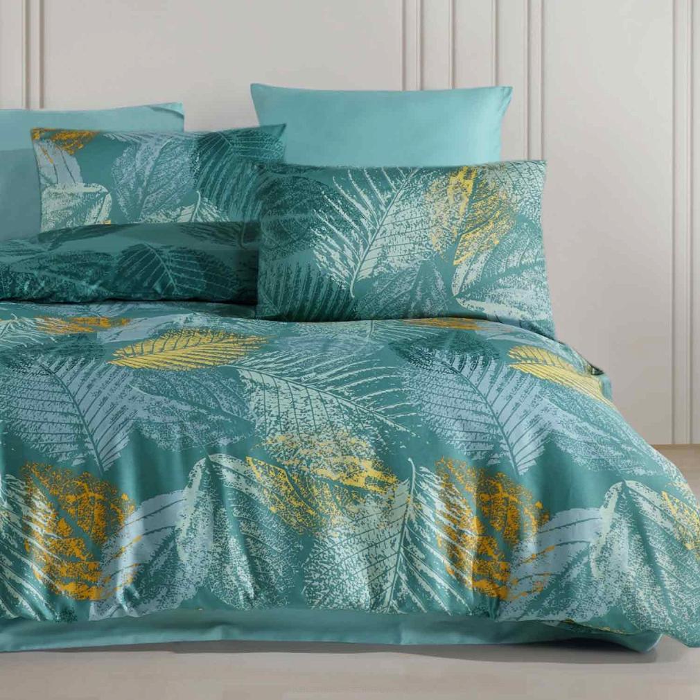 Pościel satyna bawełniana VENERA 200x220 turkusowa żółta w liście