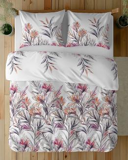 Pościel bawełniana 160x200 Detexpol biała fioletowa pomarańczowa egzotyczne kwiaty