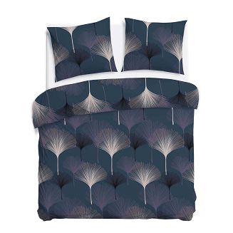 Pościel satyna bawełniana SATYNLOVE 180x200 ciemnoniebieska w liście miłorzębu