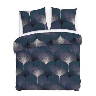 Pościel satyna bawełniana SATYNLOVE 180x200 ciemnoniebieska w liście miłorzębu