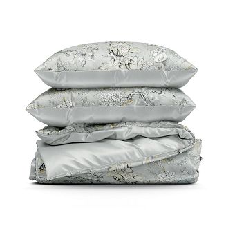 Pościel satynowa SPRING 160x200 Eurofirany jasnostalowa oliwkowe grafitiwe rysowane kwiaty