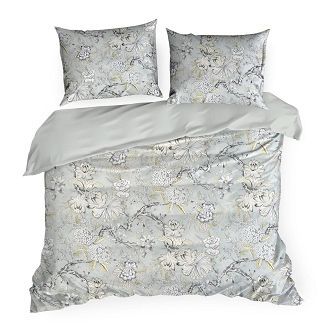 Pościel satynowa SPRING 160x200 Eurofirany jasnostalowa oliwkowe grafitiwe rysowane kwiaty