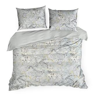 Pościel satynowa SPRING 160x200 Eurofirany jasnostalowa oliwkowe grafitiwe rysowane kwiaty