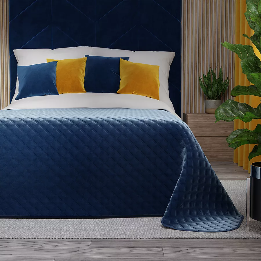 Narzuta dekoracyjna VELVI 170x210 pikowana w geometryczny wzór granatowa