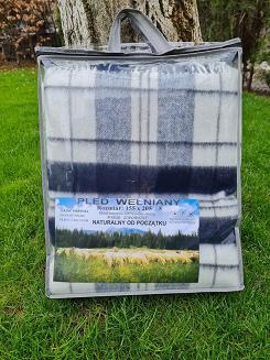 Koc wełniany z frędzlami 100% WEŁNA duża krata granatowa