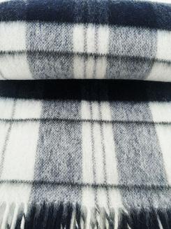 Koc wełniany z frędzlami 100% WEŁNA duża krata granatowa