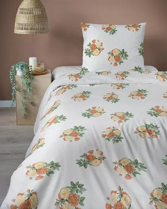Pościel satynowa Home Satin 140x200 biała w bukiety herbaciano-kremowych róż