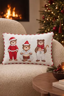 Poszewka dekoracyjna świąteczna PYJAMA BEAR TRIO 30x50 biała welurowa misie w piżamach