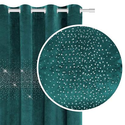 Zasłona gotowa na przelotkach Shiny 140x250 welurowa z kryształkami ciemnoturkusowa