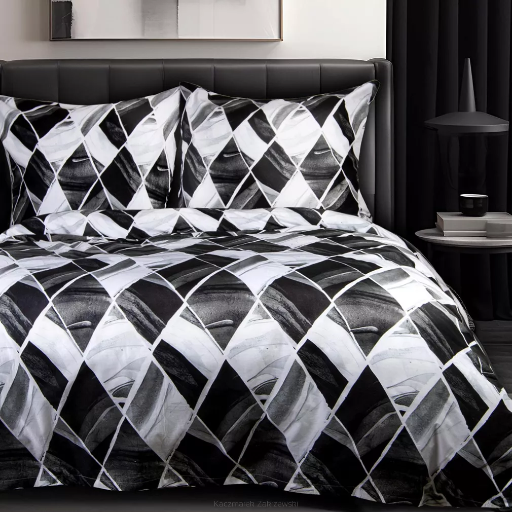 Pościel bawełniana COTTONLOVE 160x200 biała czarna geometryczne romby