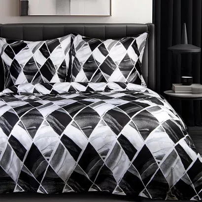 Pościel bawełniana COTTONLOVE 160x200 biała czarna geometryczne romby