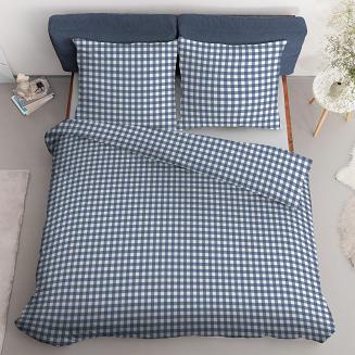 Pościel satynowa 180x200 biała granatowa drobna kratka