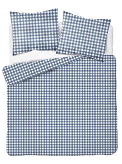 Pościel satynowa 180x200 biała granatowa drobna kratka