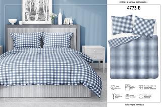 Pościel satynowa 180x200 biała granatowa drobna kratka