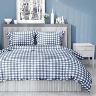 Pościel satynowa 180x200 biała granatowa drobna kratka