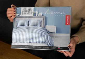 Pościel satynowa 180x200 biała granatowa drobna kratka