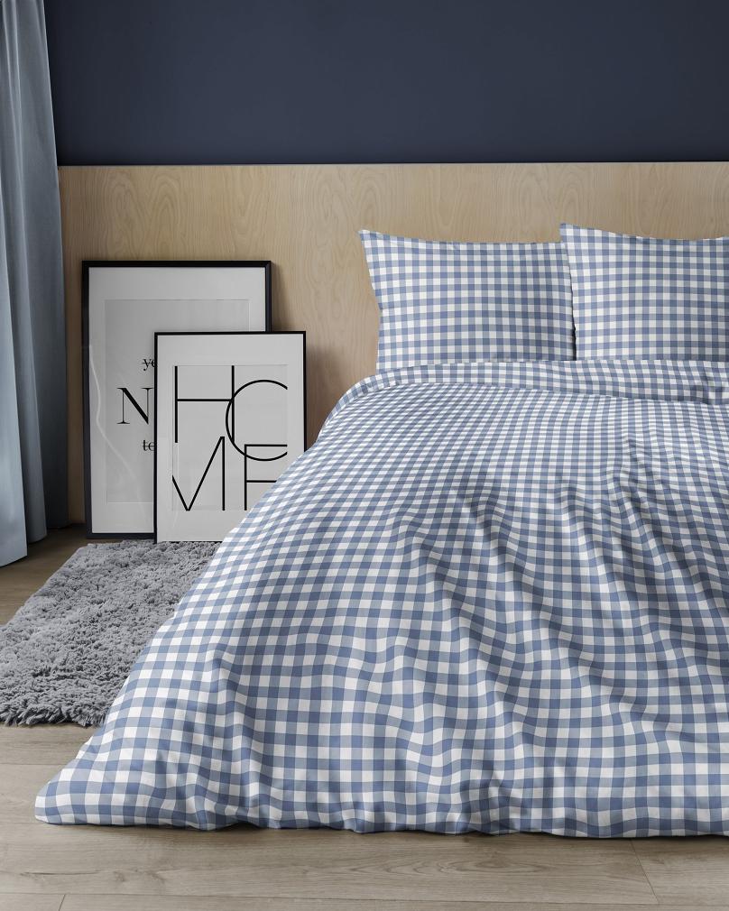 Pościel satynowa 180x200 biała granatowa drobna kratka