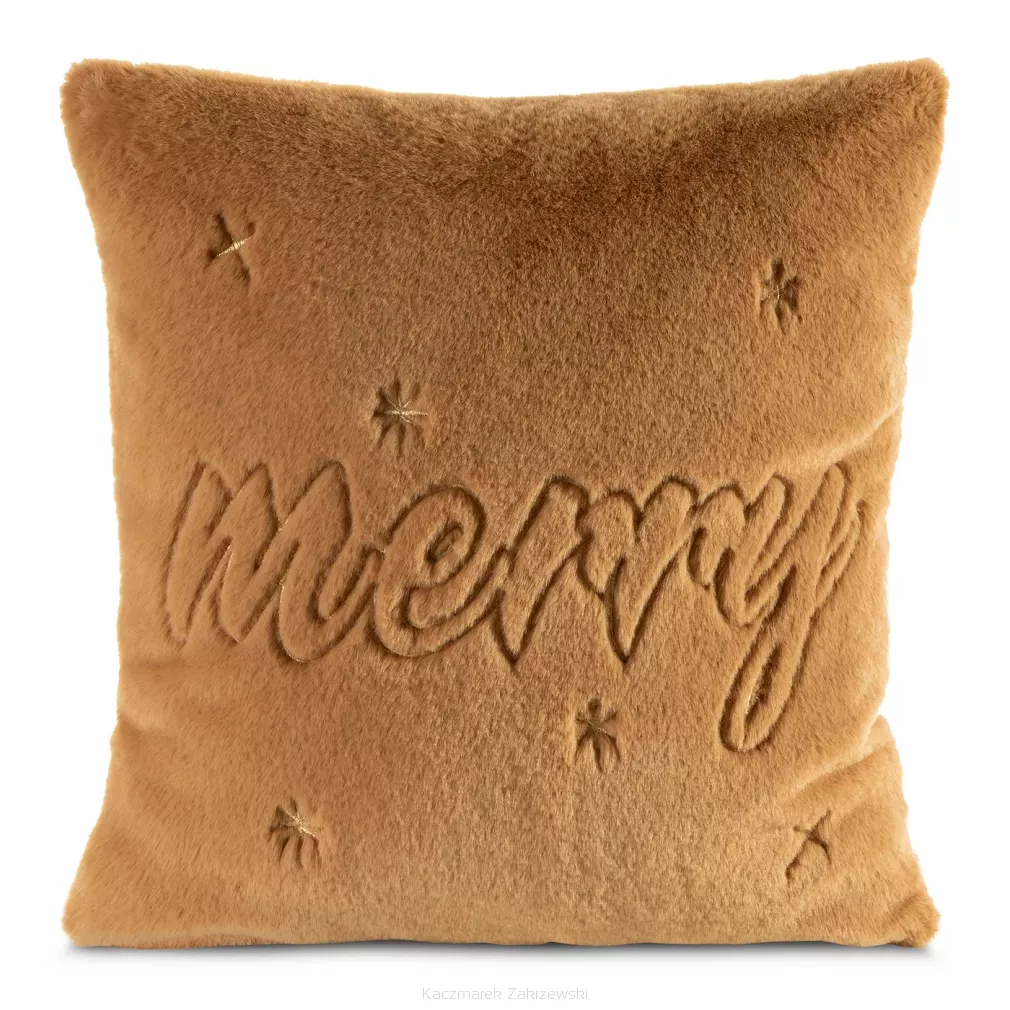 Poszewka dekoracyjna świąteczna 45x45 Eurofirany miodowa futrzana wytłaczany wzór Merry