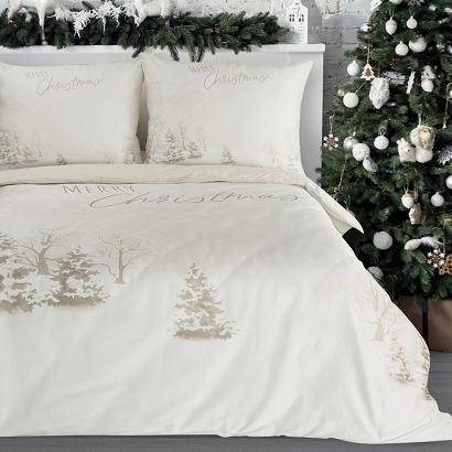 Komplet pościeli świąteczny SNOWFLAKE 220x200 Eurofirany beżowy biały zimowy krajobraz Merry Christm