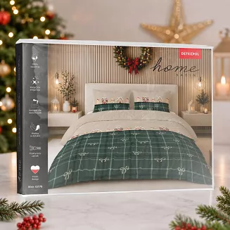 Pościel satynowa świąteczna Home Satin 220x200 zielona beżowa w domki, kokardy i kratkę