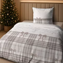 Pościel satynowa świąteczna Home Satin 140x200 biała beżowa w kokardy i kratę