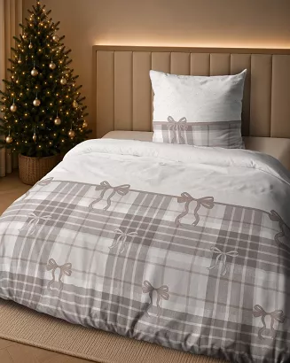 Pościel satynowa świąteczna Home Satin 140x200 biała beżowa w kokardy i kratę