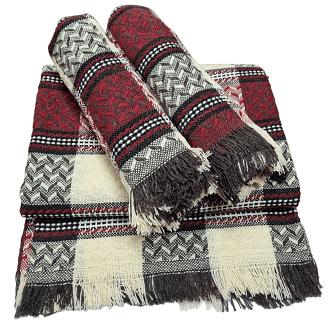 Komplet dekoracyjny narzuta 170x205 + 2x 60x170 bordowa kremowa brązowa krata jodełka