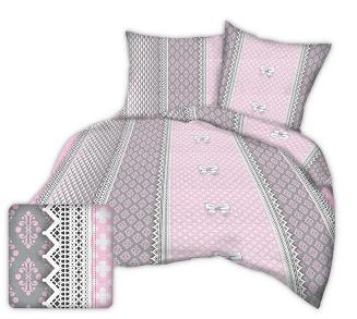 Pościel z kory I 160x200 wzór różowo-szara koronka z kokardami