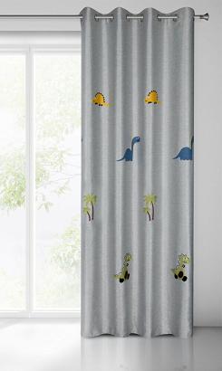 Zasłona gotowa na przelotkach DINO 140x250 Eurofirany srebrna z haftowanym dinozaurem