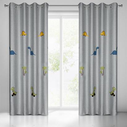 Zasłona gotowa na przelotkach DINO 140x250 Eurofirany srebrna z haftowanym dinozaurem
