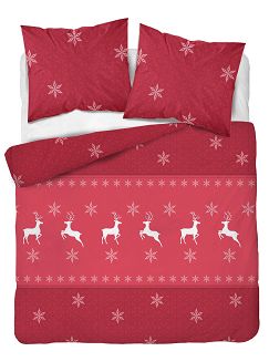Pościel flanelowa świąteczna 160x200 czerwona renifery śnieżynki