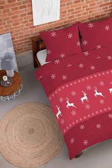 Pościel flanelowa świąteczna 160x200 czerwona renifery śnieżynki