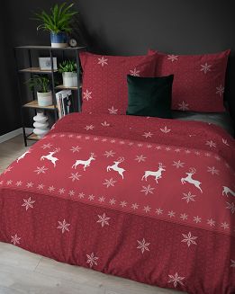 Pościel flanelowa świąteczna 160x200 czerwona renifery śnieżynki