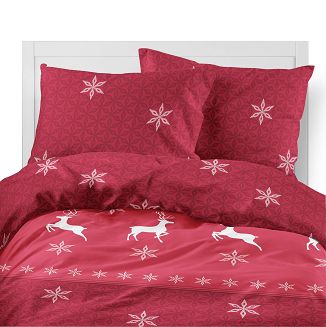 Pościel flanelowa świąteczna 160x200 czerwona renifery śnieżynki