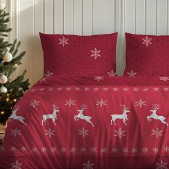 Pościel flanelowa świąteczna 160x200 czerwona renifery śnieżynki